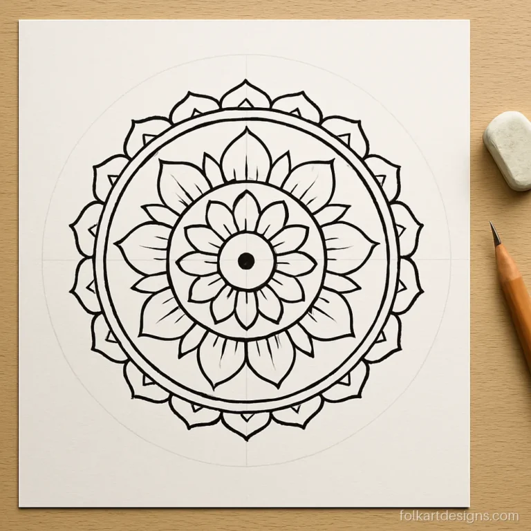Simple mandala art with three layers of petals drawn in black pen on white paper