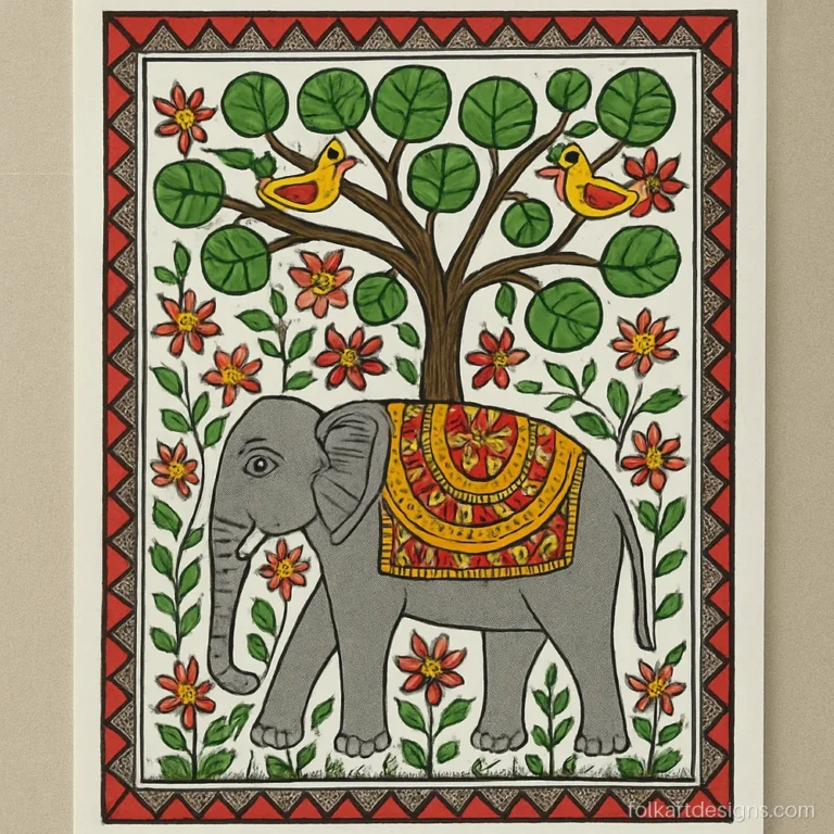 Simple madhubani designs on a chart with an elephant, a tree and a border