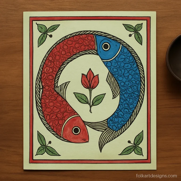 Easy madhubani art fish pair curving in a circle on pale green paper