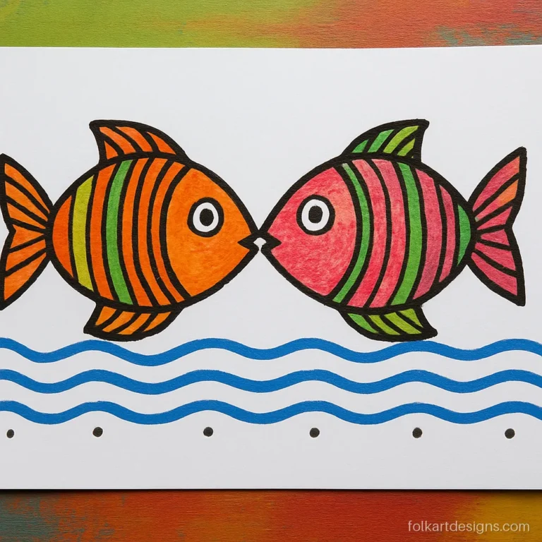 Madhubani art for kids showing a pair of fish drawn in bright sketch pens