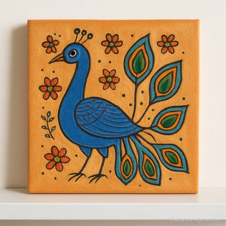 Simple easy madhubani painting of a peacock with a short drooping tail