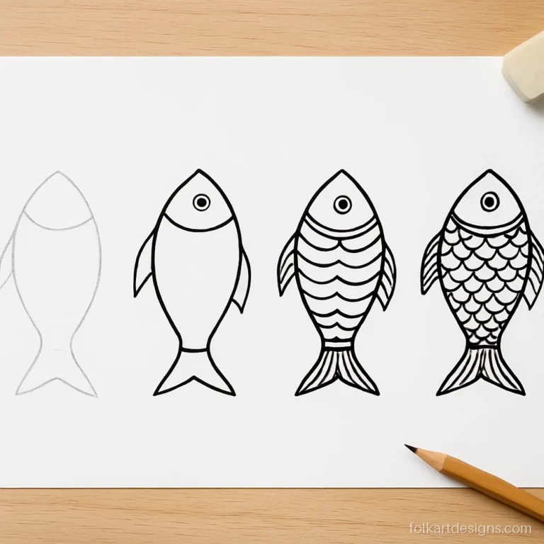 Madhubani painting easy step by step: a fish drawn in four stages