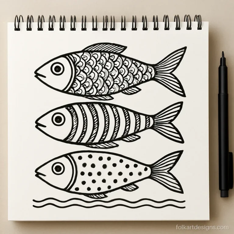 Easy madhubani art black and white sheet of three fish in a row