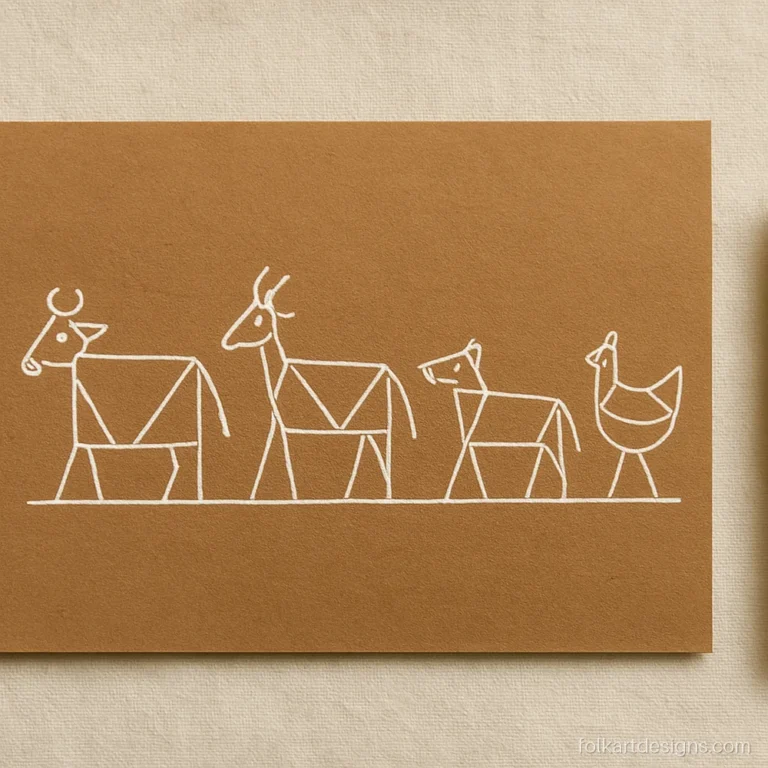 Easy warli art drawing of a cow, goat, dog and hen built from triangles