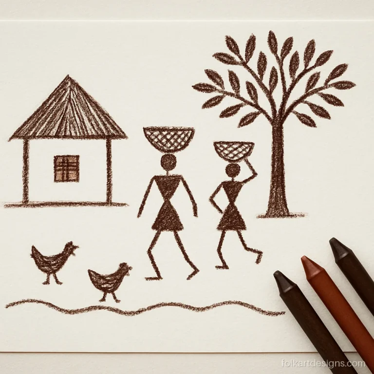 Easy warli art for kids drawn with brown crayon on white paper