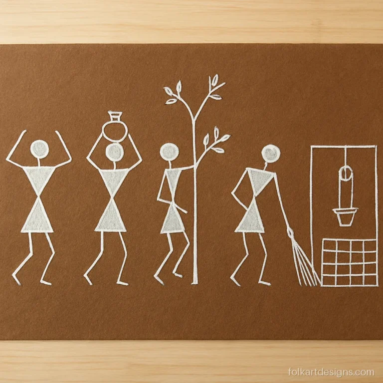 Simple warli art figures dancing, carrying pots and climbing a tree on brown paper