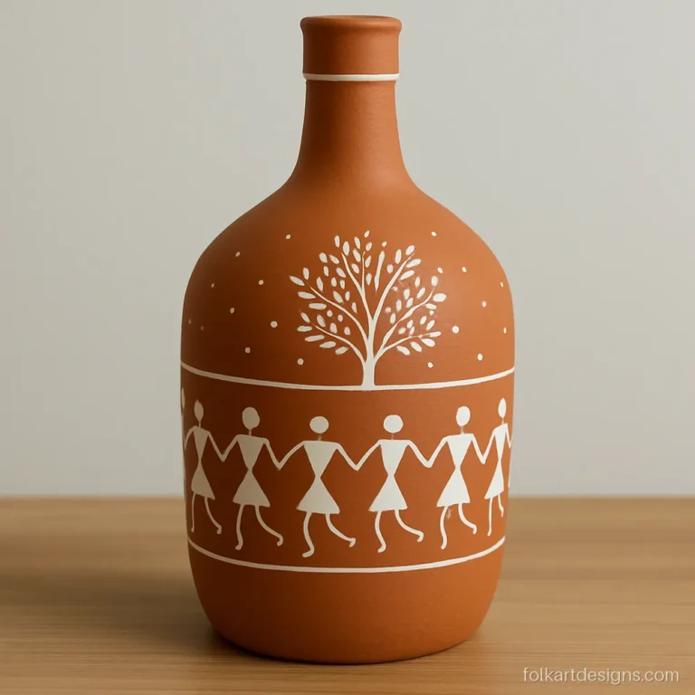 Easy warli art on bottle: white figures on a terracotta painted glass bottle