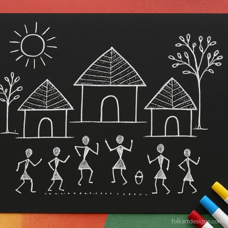 Warli art for kids: a white sketch pen village on black paper