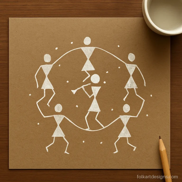 Warli art simple dance ring with five figures around a horn player