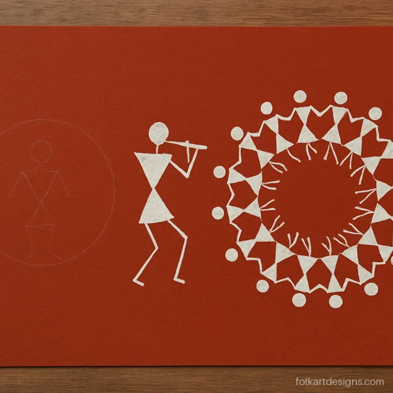 Easy beginner warli art dance circle shown in stages with pencil guide rings