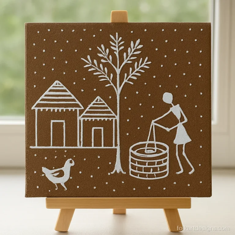 Simple easy warli art village scene with two huts, a tree and a well