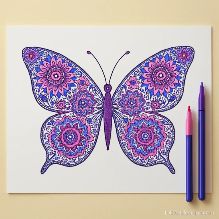 Flower butterfly mandala art with wings built from petal rings
