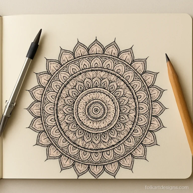 Half flower mandala art drawn from the edge of a notebook page