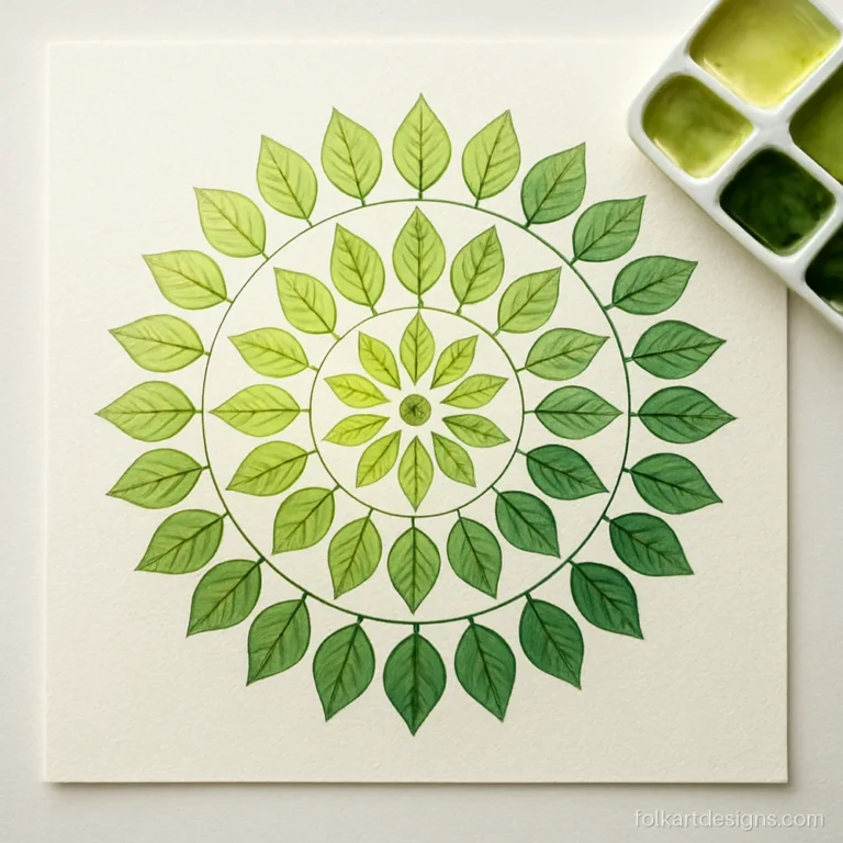 Easy leaf mandala art in four shades of green on white paper