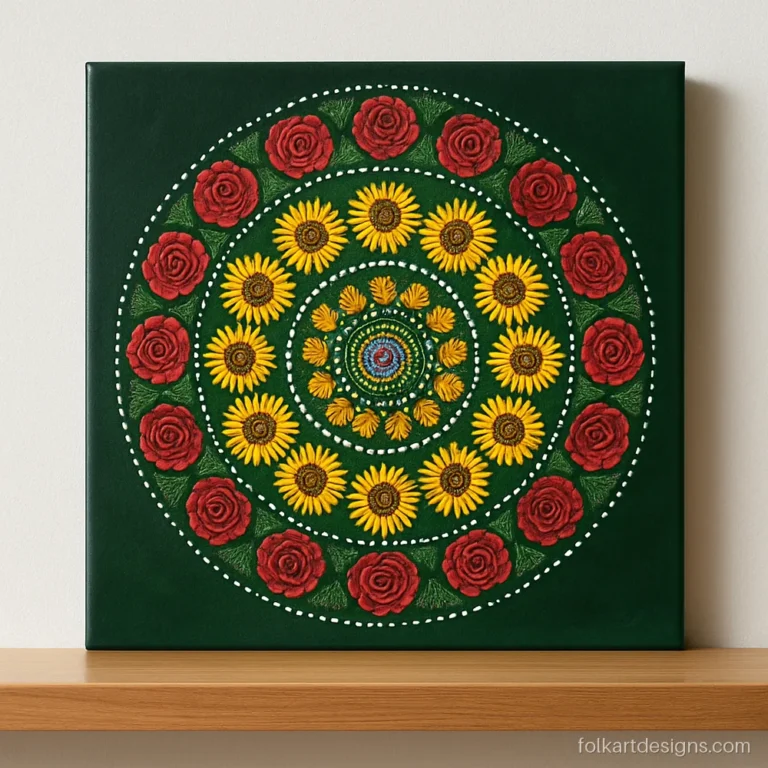 Colourful flower mandala art mixing roses and sunflowers on a canvas