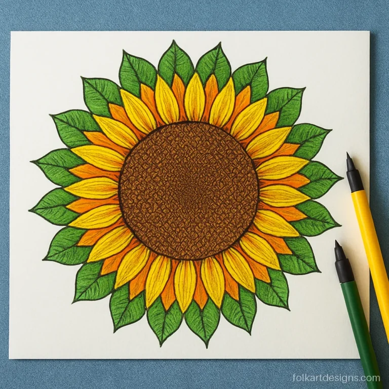 Sunflower mandala art with a dotted seed centre and yellow petal rings