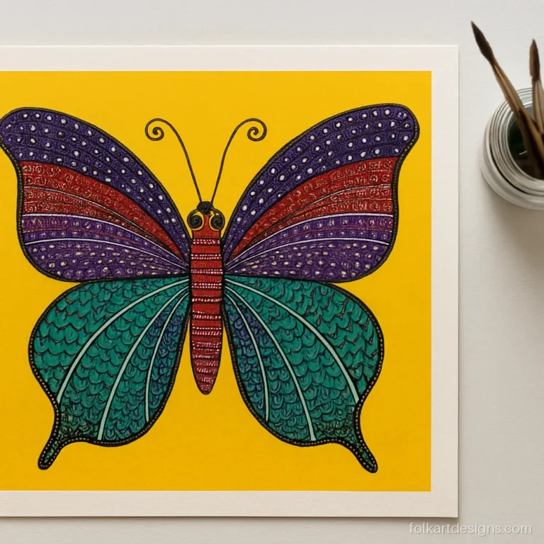 Gond art butterfly with fish-scale and dotted wings on yellow background