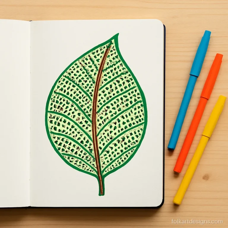 Easy gond art leaf drawing with one dotted filling on sketchbook paper