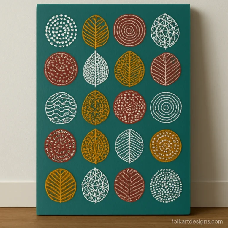 Gond art pattern panel of filled circles and leaves on teal background
