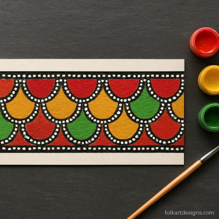 Gond art border design strip with fish scale and dot patterns in colour