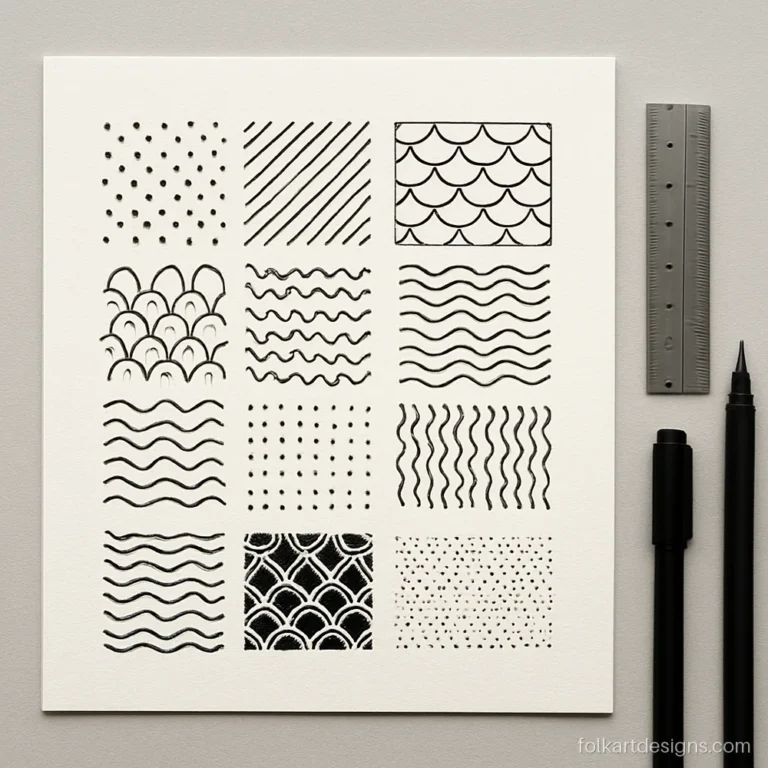 Gond art patterns sampler grid with twelve dot, dash and line fillings