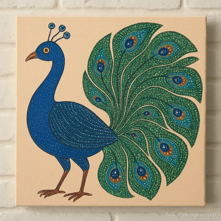 Gond art peacock with a long blue tail filled with dots and dashes