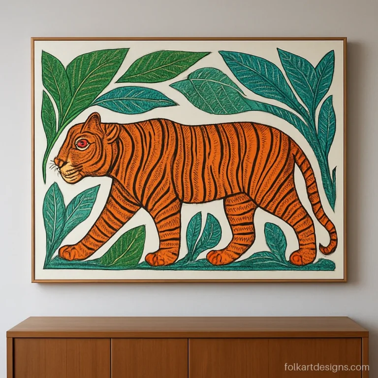 Gond art tiger with patterned stripes walking among jungle leaves