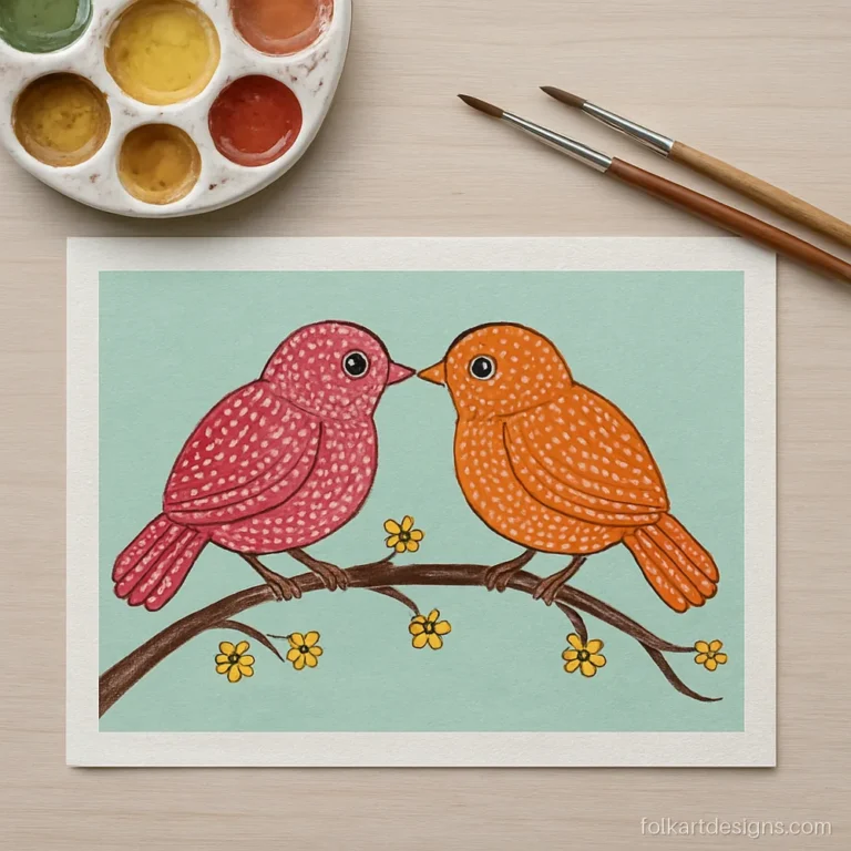 Two gond art birds in pink and orange sitting on a flowering branch