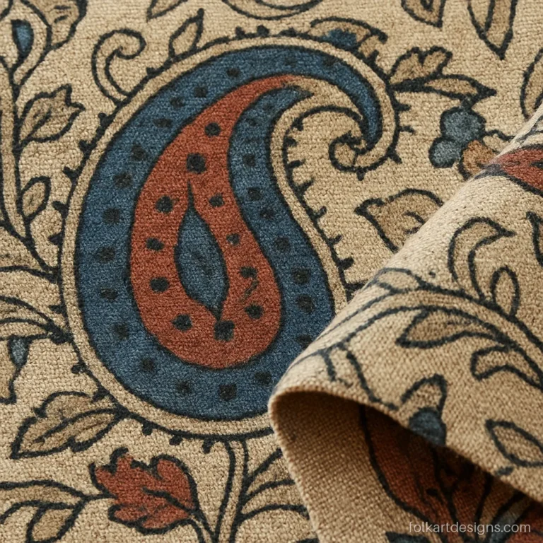 Close-up of kalamkari fabric showing pen lines and soft natural dye bleed