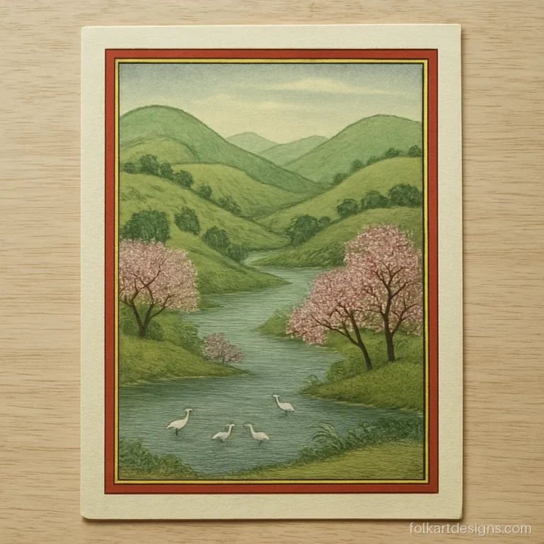 Kangra miniature painting of a river valley with blossoming trees and hills