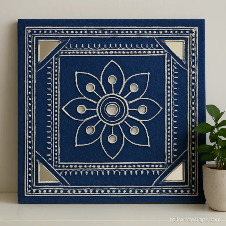 Square lippan art board painted indigo with white clay work and triangle mirrors