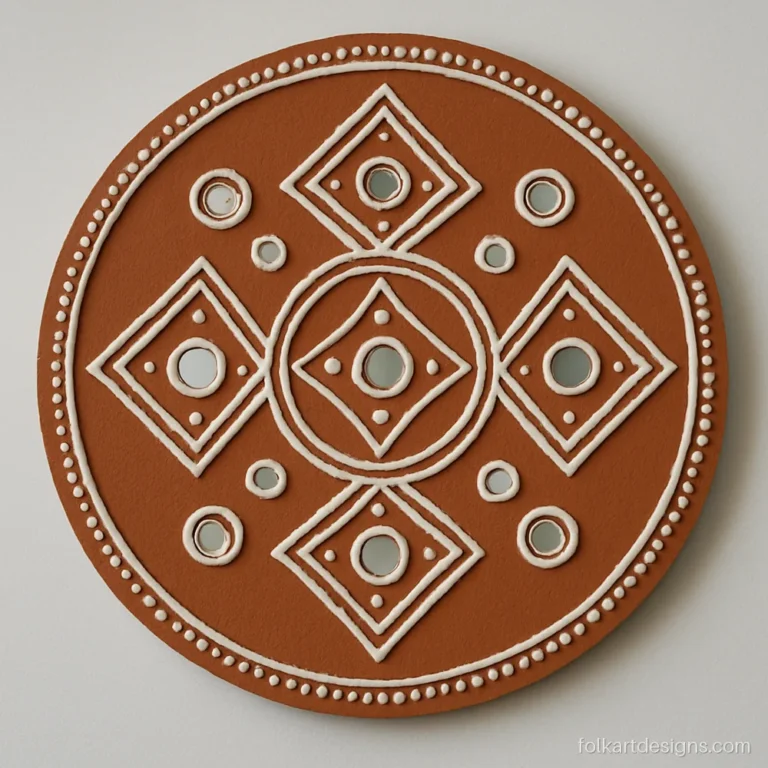 White lippan mud art panel on round MDF with diamond and round mirrors