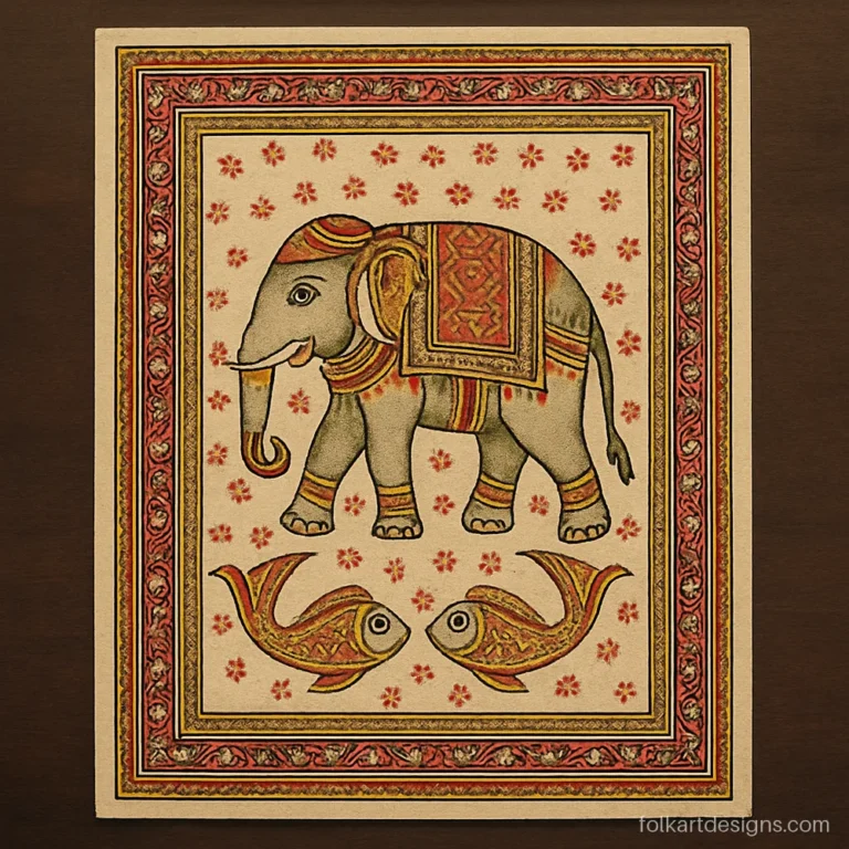 Pattachitra painting with an ornate border, an elephant and two fish