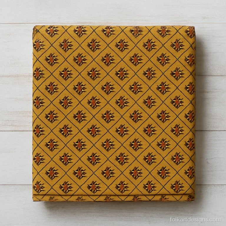 Block printed kalamkari jaal pattern with a flower grid on mustard cotton