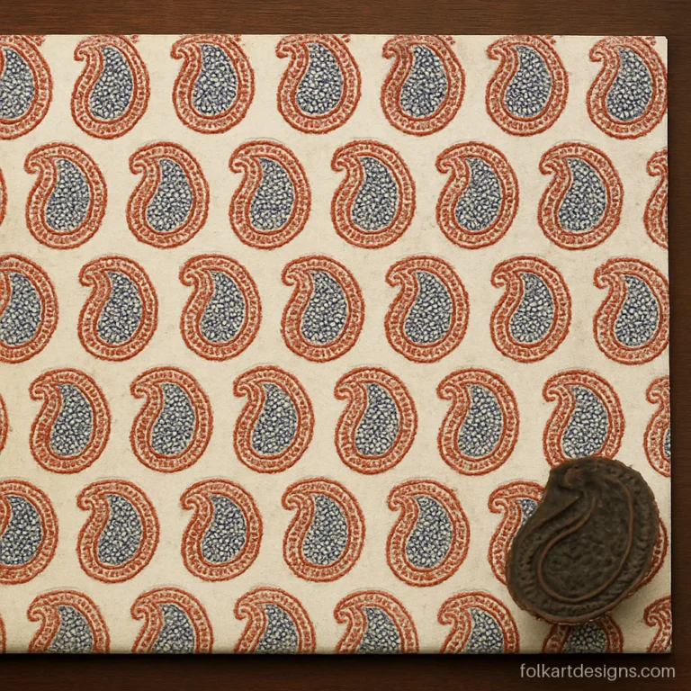 Machilipatnam block printed kalamkari design with a paisley repeat in indigo and rust