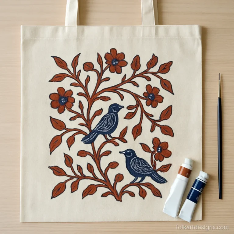 Kalamkari art drawing painted on a cotton tote bag with fabric paint