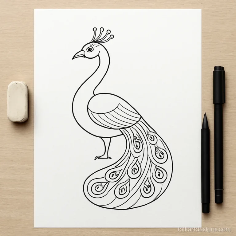 Simple kalamkari drawing of a peacock outline in black pen on white paper