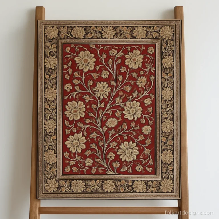 Traditional kalamkari painting with a deep madder red background and cream flowers