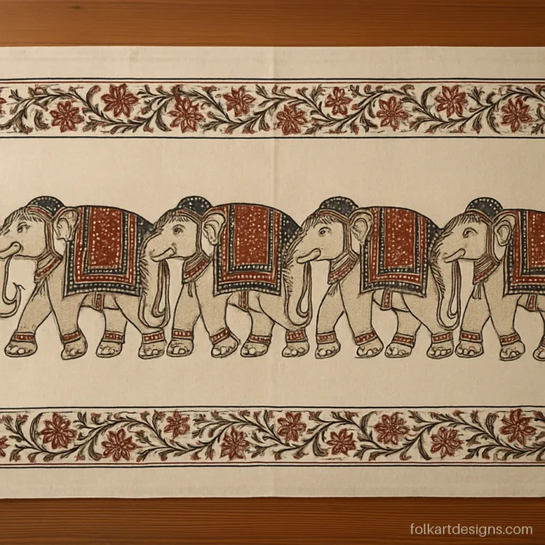 Kalamkari elephant procession with decorated elephants walking in a row