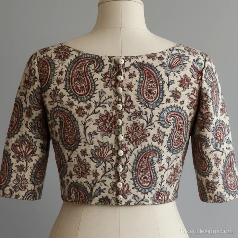 Trendy kalamkari blouse neck design with a boat neck back and potli buttons