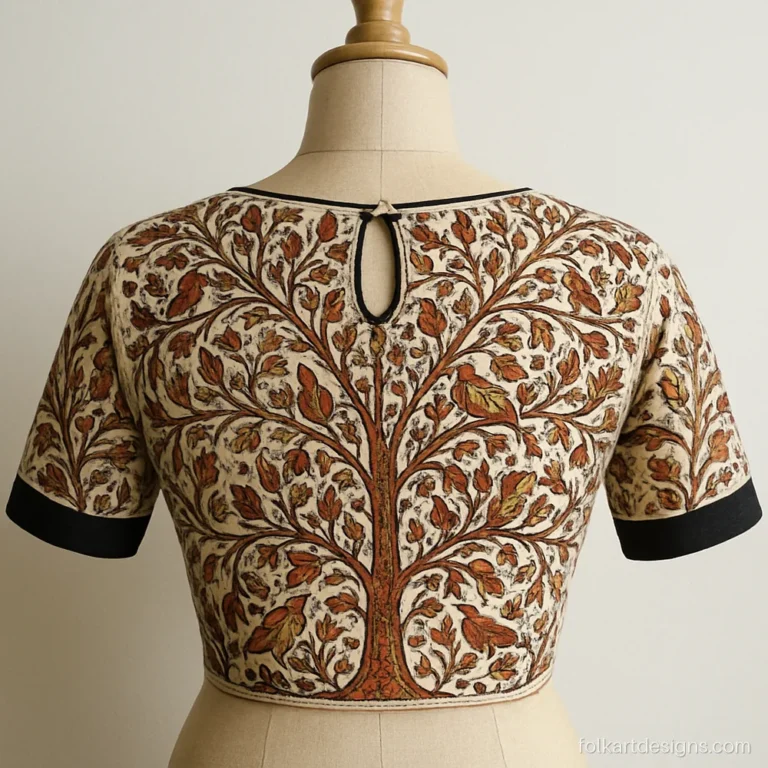 Kalamkari blouse back with a keyhole opening and a tree of life panel