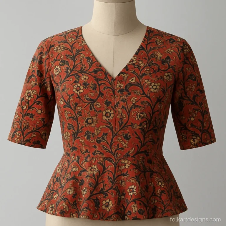 Kalamkari blouse with a peplum flare in rust and black