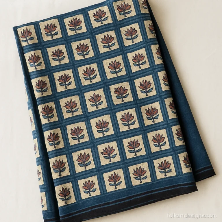 Blue kalamkari dupatta with indigo lotus motifs set in a neat grid