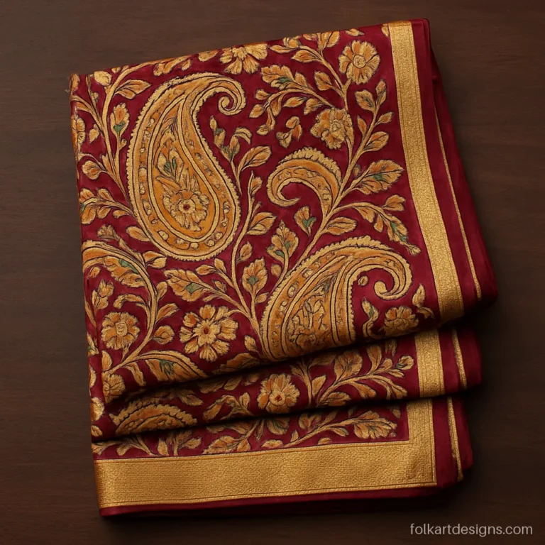 Silk kalamkari dupatta in maroon with a gold zari border and paisleys