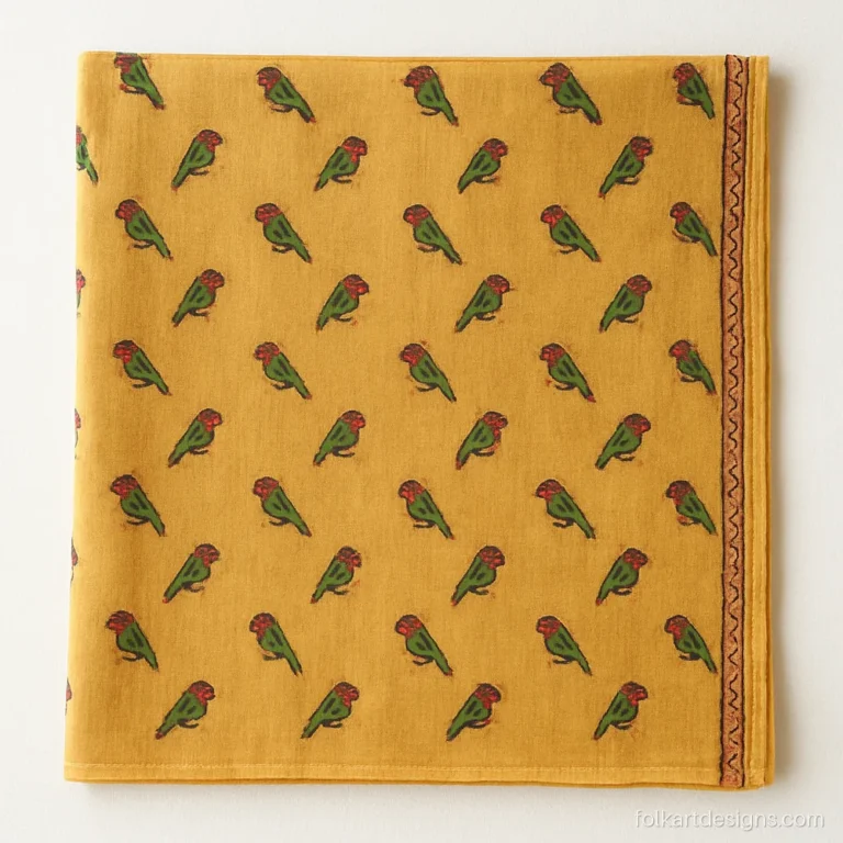 Yellow kalamkari fabric on chanderi with parrot buttis and a thin red border