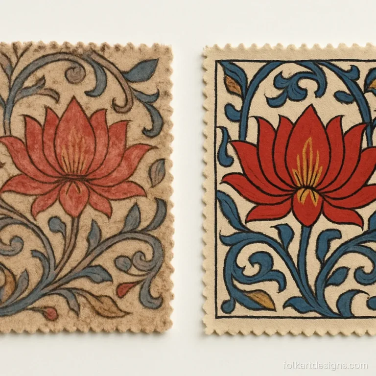 Two kalamkari fabric swatches side by side, one dye painted and one screen printed