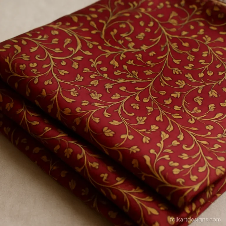 Kalamkari silk fabric with fine creepers on maroon, folded as running material