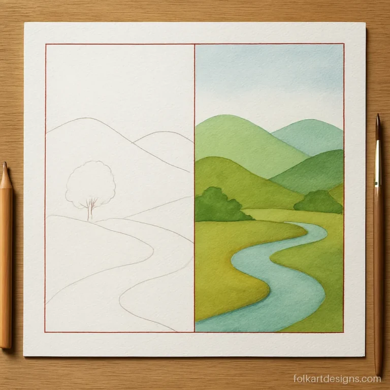 Easy Kangra painting practice sheet with simple hills, one tree and pencil outlines