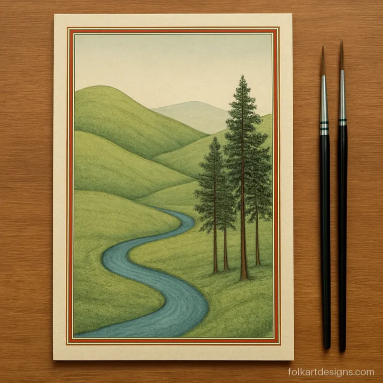 Kangra painting of green hills, a winding blue river and tall pine trees