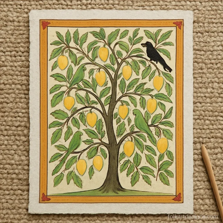 Kangra art of green parrots and a black koel on a fruiting mango tree